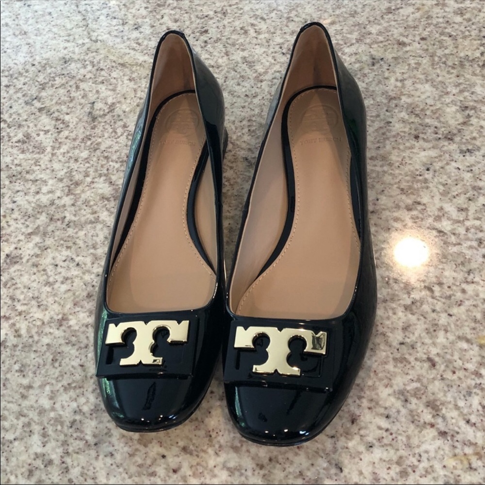 Tory Burch black patent leather flats.